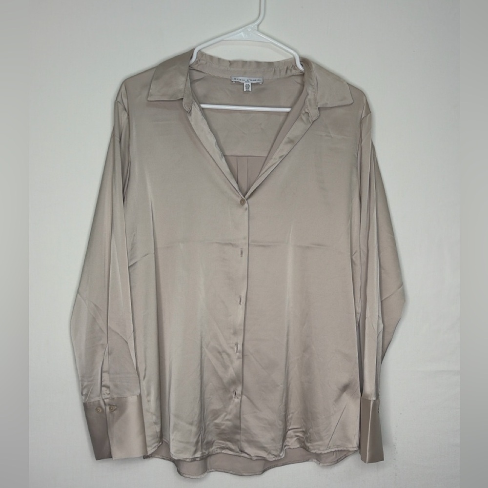 Maison d’Amélie Paris Taupe Satin Button Front Blouse women’s Size M(A204)&✨